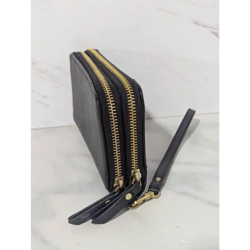 Enzo Angiolini Women's Black Leather Two Compartment Zip Close Wristlet Wallet
